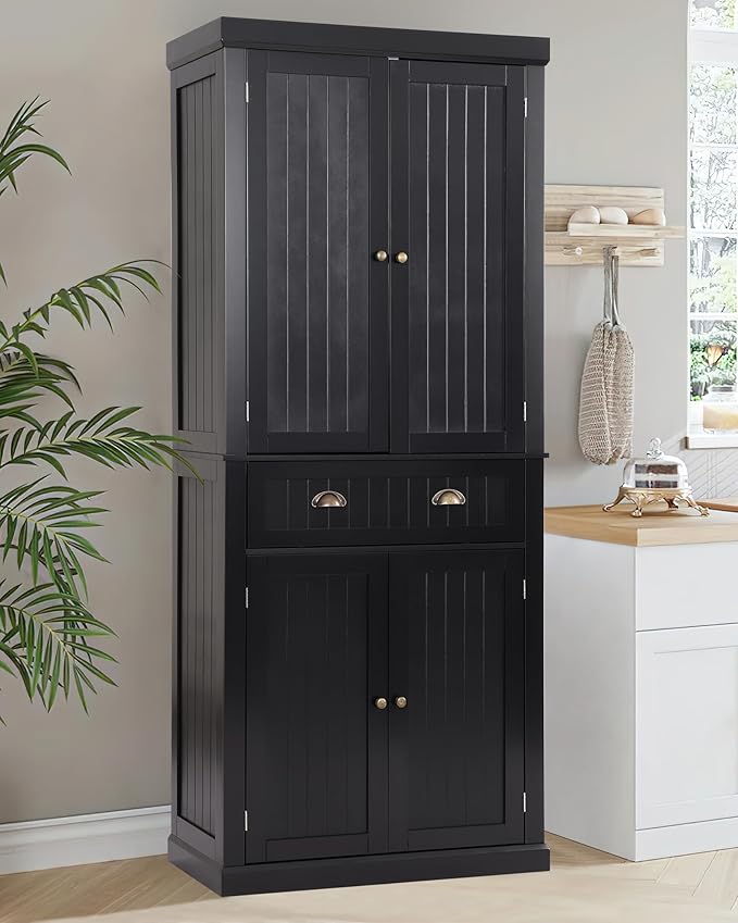 72" Kitchen Pantry Storage Cabinet, Freestanding Cupboard with 2 Cabinets, Drawer and Adjustable Shelves, Tall Storage Cabinet for Kitchen, Dinning Room, Living Room (Black)