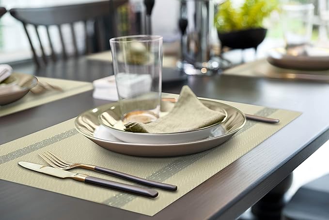 More D챕cor Dining Table Placemats, Washable Heat-Resistant PVC Vinyl Table Mats for Dining Room and Kitchen, Anti-Slip - Set of 6 - Dust Yellow