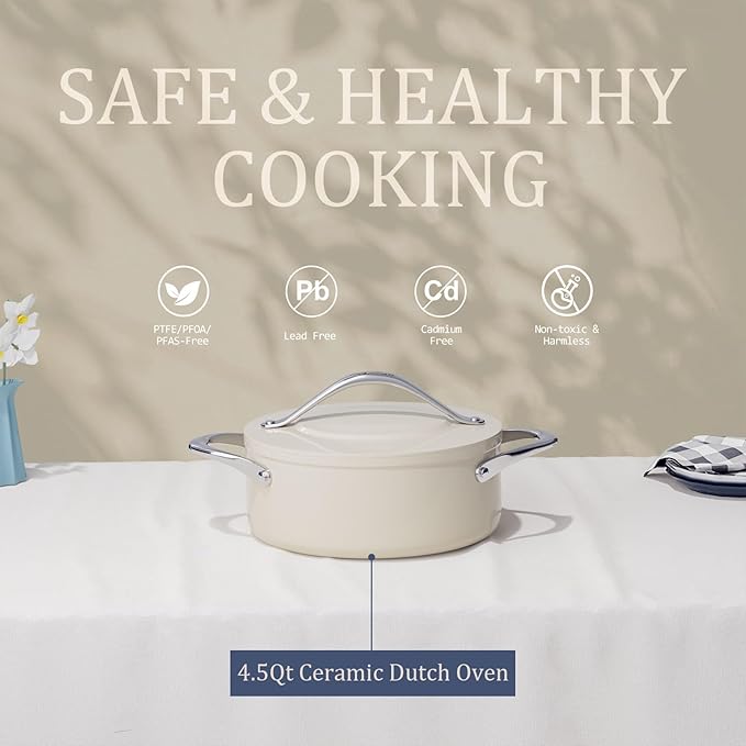 Low Stock Pot 4.5qt Dutch Oven Pot with Lid (9.5"x 4") Nonstick Ceramic Coated Non-Toxic PFAS-Free Even Heat Distribution for Braising, Baking Bread & Soups, Compatible for All Cooktops(Induction/Gas/Electric) Oven Safe to 500째F (Cream)