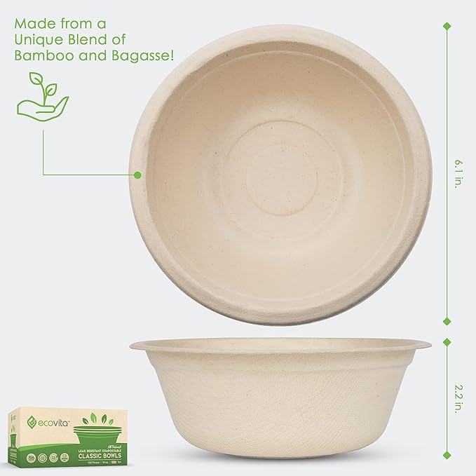 Ecovita 100% Compostable Paper Bowls [16 oz.] ??150 Disposable Bowls Eco Friendly Sturdy Tree Free Liquid and Heat Resistant Alternative to Plastic or Paper Bowls