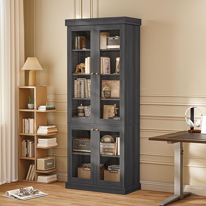 70.8" Tall Farmhouse Bookshelf with Glass Doors, Modular Bookcase with 6-Tier Adjustable Shelves, Large Storage Cabinet for Kitchen, Living Room, Black, Set of 4