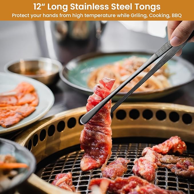 GEEKHOM 4-Piece 12 & 10-Inch Cooking Tongs: Professional Stainless Steel Scissor Tongs Set with Non-Slip Grip (Black)