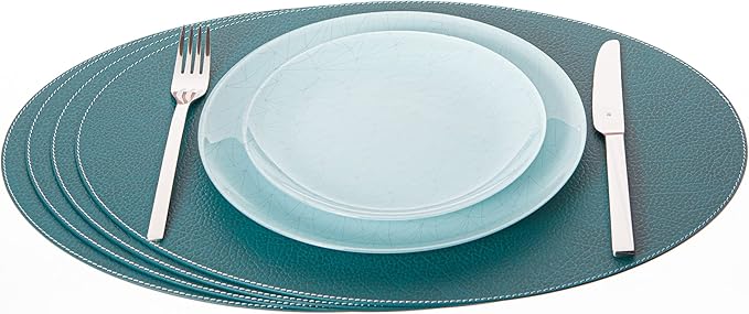 Nikalaz Oval Placemats Set (Pack of 4) Recycled Leather Table Mats 18 x 13 inches (45.7 x 33 centimetres), Kitchen Dining Table Decor by Nikalaz (Petroleum Green)