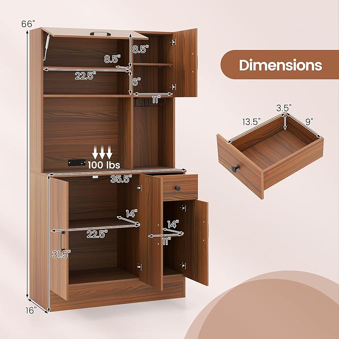 Giantex Kitchen Pantry Cabinet with Charging Station, 66" Hutch Cabinet w/Microwave Stand, Storage Drawer, Adjustable Shelves & Wine Glass Holder, Buffet Cupboard for Coffee Bar, Living Room, Walnut