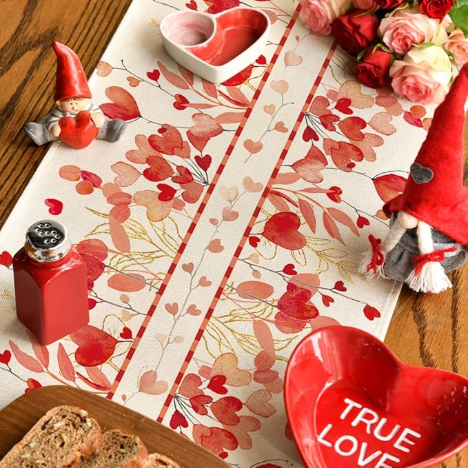 Artoid Mode Red Heart Branch Table Runner, Seasonal Leaf Kitchen Dining Table Decoration for Home Party Decor 13x72 Inch