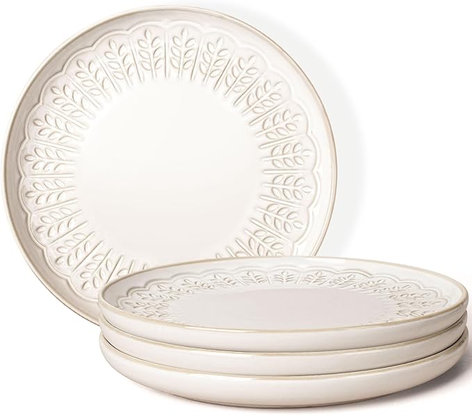 Artena Large Ceramic Dinner Plates Set Of 4, 10.75 Inch Embossed Kitchen Salad Plates, Modern Serving Plates For Restaurant, Plates With Lipped Edges, Microwave Dishwasher Safe (Wheat Leaf)