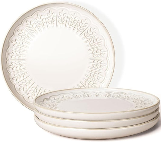Artena Large Ceramic Dinner Plates Set Of 4, 10.75 Inch Embossed Kitchen Salad Plates, Modern Serving Plates For Restaurant, Plates With Lipped Edges, Microwave Dishwasher Safe (Wheat Leaf)