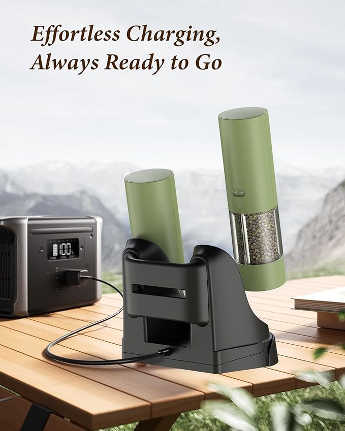 Electric Salt and Pepper Grinder Set - Automatic Refillable Salt and Pepper Grinders with Charging Base & LED Light, 6-Level Adjustable Coarseness with External Dial, Ideal Kitchen Gadget竊똆reen