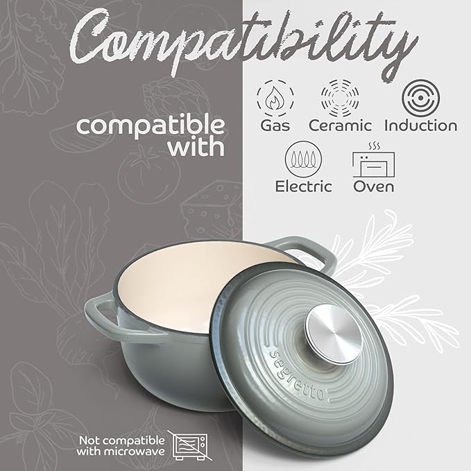 Segretto Cookware Enameled Cast Iron Dutch Oven Pot with Lid Grigio Scuro (Gradient Gray) 1.7 Quarts Dutch Oven Cast Iron with Handle 1.7 qt for Bread Baking