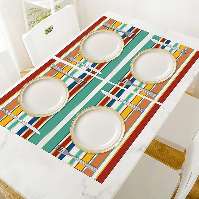 Modern Red Yellow Blue Teal Stripes Placemat, Set of 4 Heat Resistant PVC Place Mats for Kitchen Table