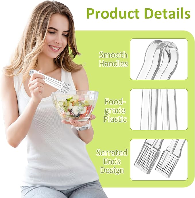 12 PCS Plastic Serving Tongs, 6.3 Inches Clear Disposable Tongs Kitchen Small Serving Utensil Tongs for Party Ice atering Buffet Bakery Salad