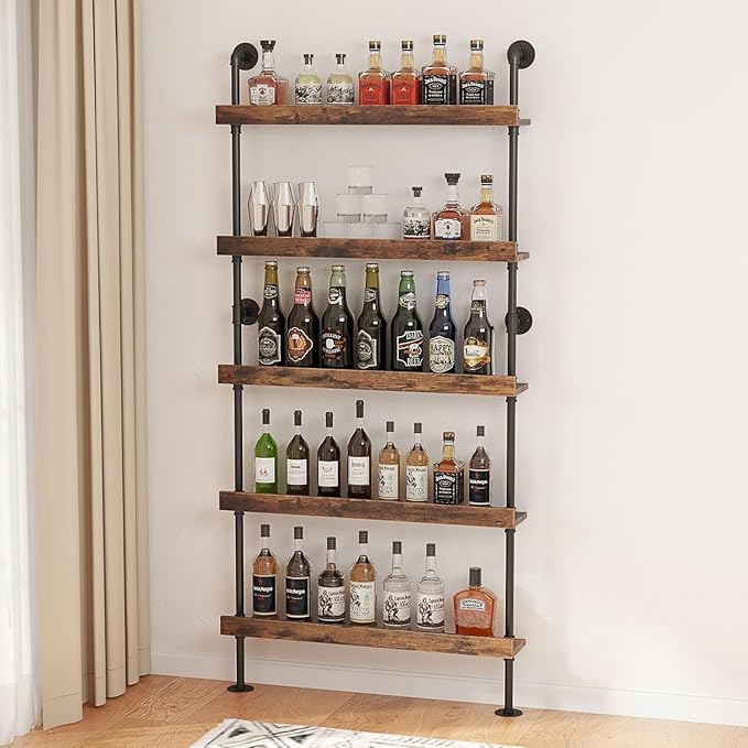 5-Tier Wall Mounted Wine Rack, Floating Bar Shelves, Liquor Bottle Shelf Display, Rustic Industrial Bar Shelf for Home Bar Dining Room Kitchen (23.6" W x 79" H x 8.6" D)