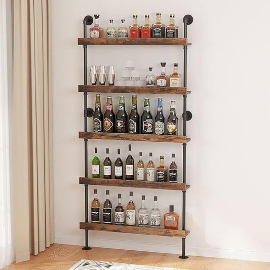 5-Tier Wall Mounted Wine Rack, Floating Bar Shelves, Liquor Bottle Shelf Display, Rustic Industrial Bar Shelf for Home Bar Dining Room Kitchen (23.6" W x 79" H x 8.6" D)