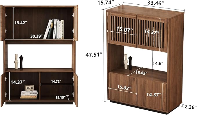 NessCarsti 33.46" Mid-Century Modern Wooden Storage Cabinet, Freestanding Buffet Sideboard with Grille Striped Doors, Open Shelf and Enclosed Compartments, Walnut for Dining Room, Kitchen, Living Room