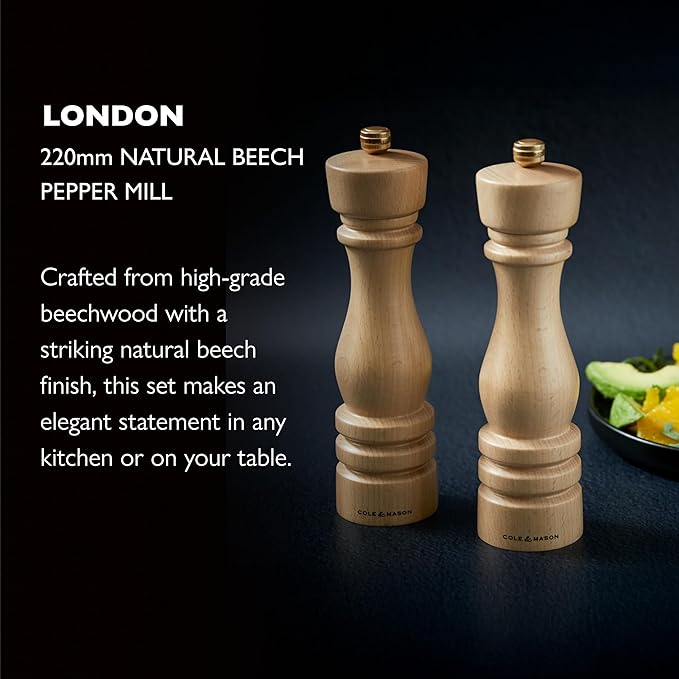 Cole & Mason London Refillable Spice Mill - Kitchen & Home Accessory - Table Black Pepper Grinder - Pepper Mill with Carbon Steel Mechanism - 8", Natural Beech
