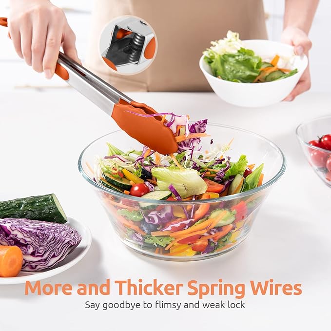 600쨘F Heat Resistant Kitchen Tongs: U-Taste 12 inch Large Silicone Cooking Tong with Sturdy Non Stick Rubber Tips & Silicon Coated 18/8 Stainless Steel Handle & Smooth Locking for Serving Grill-Orange