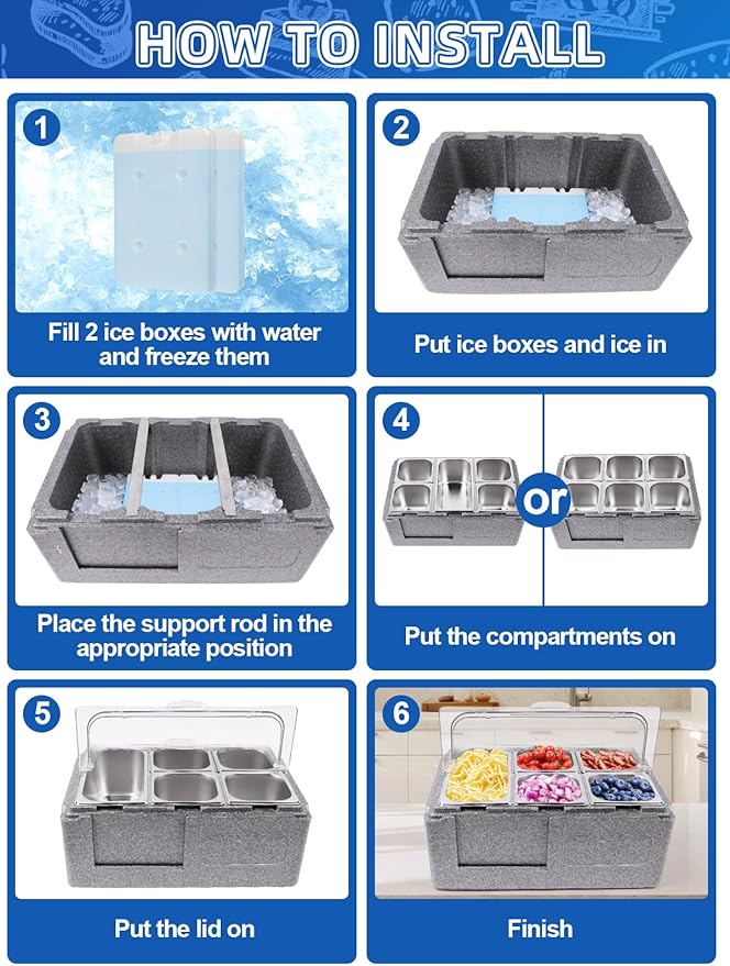Lanstics Pizza Topping Station 7 Pans Salad Bar Buffet Station Insulated Cold Food Buffet Server with Ice Packs Lids Buffet Containers Set Platter Box for Party Buffet Keeping Food Cold