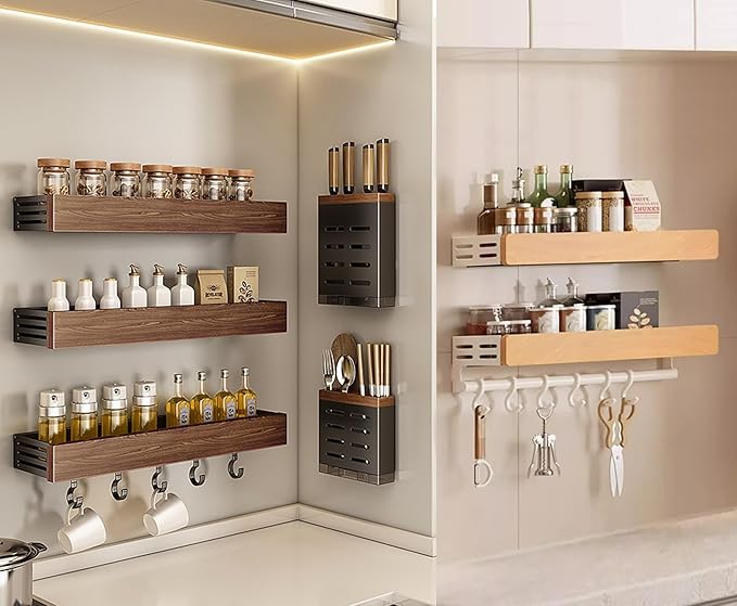 spice rack wood kitchen spice rack wall mounted adjustable adhesive or screw, hung on the door and wall, black large rack for storing items in refrigerators and ovens