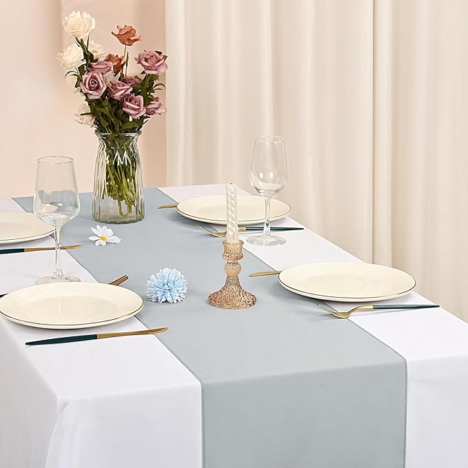 12 Pack Light Grey Table Runner 9FT Polyester Table Runners,12x108 inch Rustic Farmhouse Table Runner, Washable and Reusable Table Runners for Wedding Birthday Parties Banquet Table Decorations