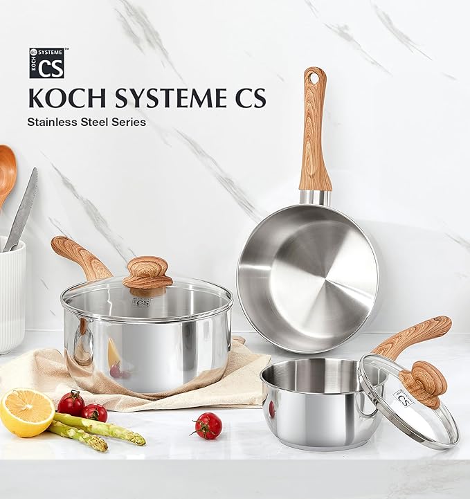 KOCH SYSTEME CS Stainless Steel Saucepan, 3 Quart Sauce Pan with Lid & Cool-Touch Bakelite Handle, 3 QT Saucepan with Lid, Induction Sauce Pan, Stainless Steel Pot 3 Quart