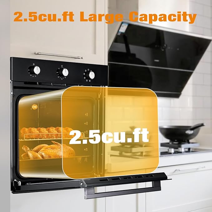 24 Inch Built-In Electric Wall Oven, 2.5 Cu.Ft Single Convection Oven with 8 Cooking Functions, 3000W High-Power Heating, Mechanical Knob Controls, Modern Black Finish