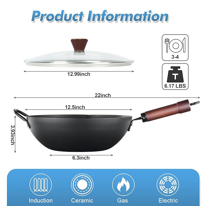 BIELMEIER Carbon Steel Wok, 12.5 Inch Stir Fry Pan with Lid, Natural Non-Stick Flat Bottom Wok for All Cooktops, Pre-Seasoned for Asian Cuisine, Saut챕, Searing