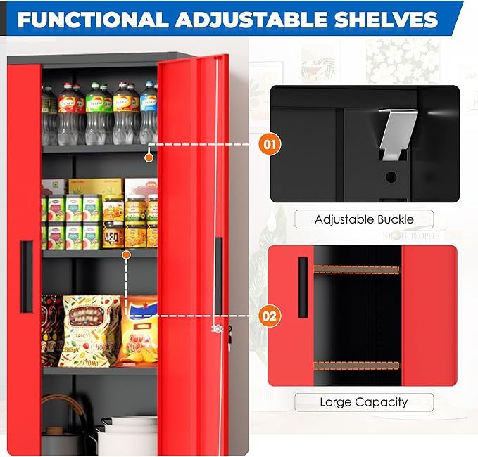 INTERGRAET 63" Tall Pantry Cabinet,Kitchen Pantry Storage Cabinets with 2 Doors and 4 Shelves,Black Red Metal Storage Cabinet,Cupboard for Home,Kitchen,Living Room/Dining
