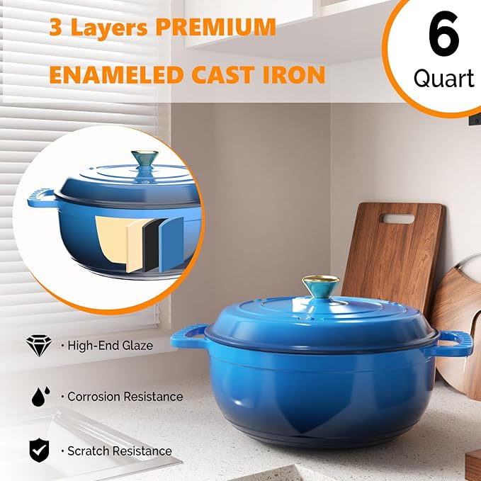 ROVSUN Enameled Cast Iron Round Dutch Oven, 6QT Pot with Lid &Dual Handles with Silicone Gloves,Oven Safe up to 500째F, Heavy-Duty Pre-Seasoned Cookware for Bread Baking, Braising, Stews, Roasting, Blue