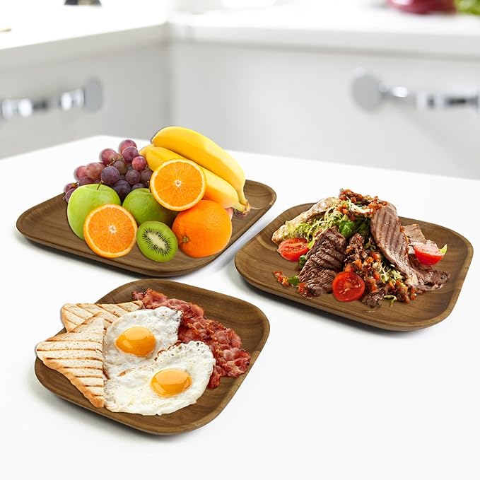 Acacia Wooden Plates Set of 3, 6/8/10 Inch Square Serving Platters for Charcuterie, Appetizers, Acacia Wood Plates, Stackable Dinnerware Trays for Kitchen, Party & Entertaining (Square Tray)