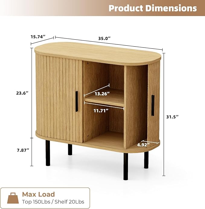 EAG Buffet Cabinet with Storage, 35" Fluted Sideboard Cabinet with Sliding Doors/Adjustable Shelves/Curved Profile, Credenza Cabinets for Living Room, Kitchen, Entryway, Natural