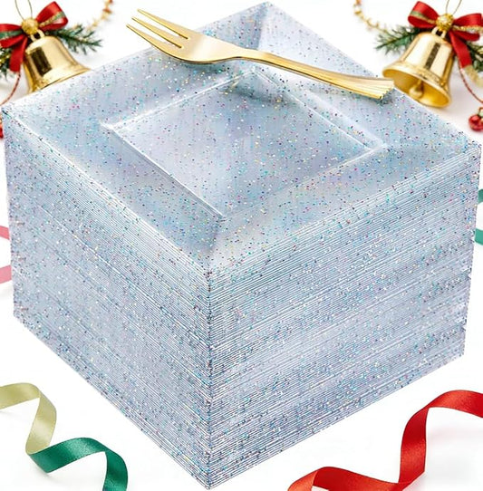 supernal 200pcs Square Plastic Dessert Plates-100pcs Gold Dessert Forks,100pcs 6inch ClearDessert Plates,cocktail plates, Clear Appetizer Plates for Pary Birthday New Year