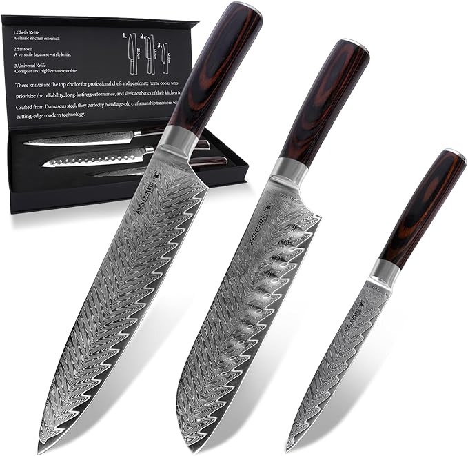 Damascus Knife Set, 3PCS High Carbon Professional Japanese Knives with Ergonomic Handle,VG10 Steel Core Chef Knife Set for Gift for Mom Dad