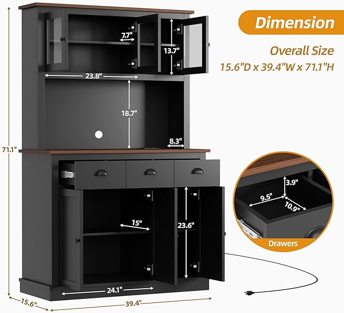 71" Kitchen Hutch with Charging Station, Tall Pantry Storage Cabinet with Microwave Stand, Adjustable Shelves, Slide Drawers, Large Buffet Pantry Cabinet for Kitchen, Dining Room, Black
