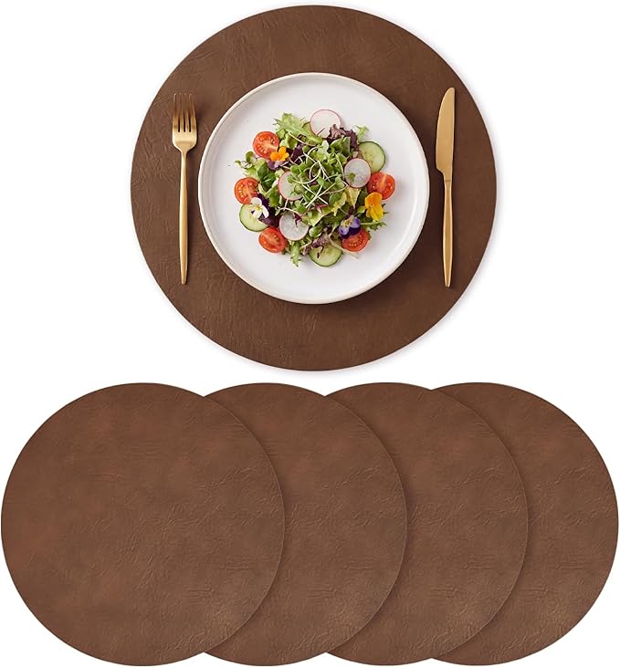 Artoid Mode Brown Faux Leather Placemats Set of 4, 15 Inch Waterproof Wipeable Heat Resistant Place Mats, Reversible Table Mats for Kitchen Dining Decor