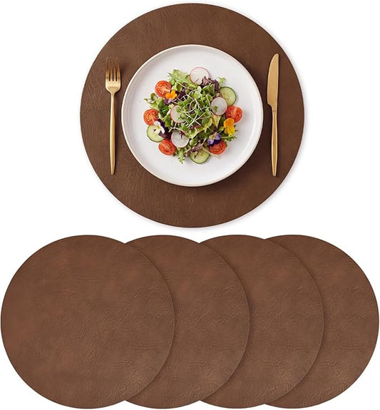 Artoid Mode Brown Faux Leather Placemats Set of 4, 15 Inch Waterproof Wipeable Heat Resistant Place Mats, Reversible Table Mats for Kitchen Dining Decor
