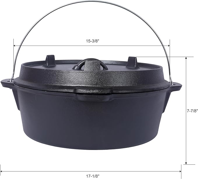 Cast Iron Camping Dutch Oven with Lid Lifter and Rack, 2-In-1 Pre-Seasoned Skillet Lid Cooking Pan with Pull Ring, Use on the Stove, on the Grill, Campfire & Stovetop Safe, 4.5 Quart/6 Quart/8 Quart/12 Quart (12 QT with Lid lifter & Rack)