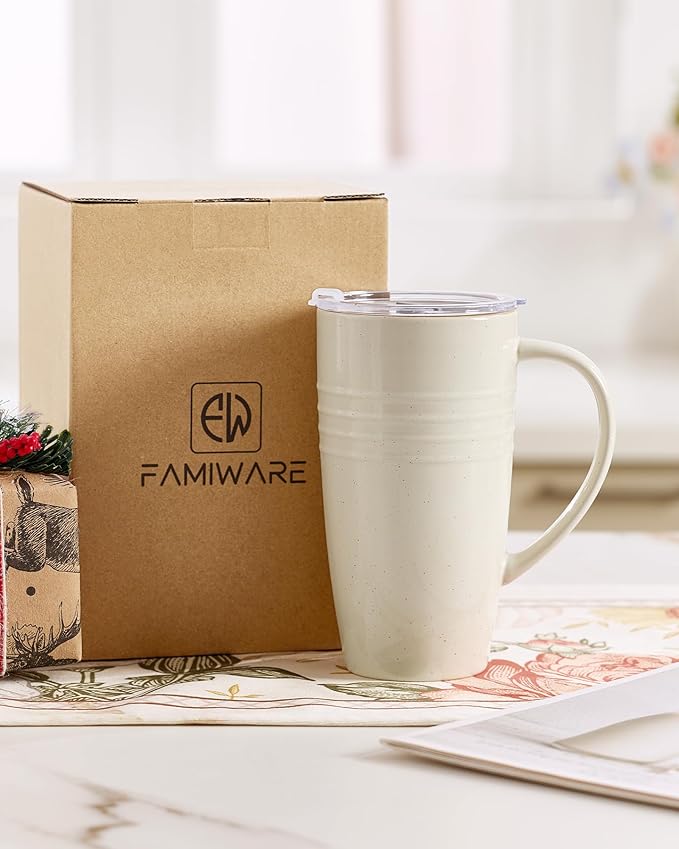 famiware Jupiter Large Coffee Mug, 20oz Coffee Mug with Lid, Ceramic Mugs Set of 2, Cup Set with Handle for Latte, Tea, Cocoa, Milk, Home & Office, Microwave and Dishwasher Safe, Vanilla White