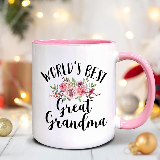 QASHWEY World's Best Great Grandma Floral Coffee Mug, Great Grandma Mother's Day Birthday Gifts from Great Grandkids, Best Great Grandmother Gifts Double Side Printed Ceramic Mug Cup 11 Ounce(Pink)