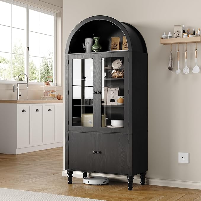 71" Tall Arched Pantry Cabinet, Modern Kitchen Storage Cabinet with Doors, 3 Adjustable Shelves, Door Shelves, Organizer, Versatile Cupboard for Kitchen, Bathroom, Black