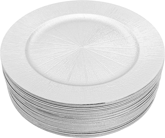50pcs Silver Charger Plates, 13" Round Reusable Decorative Flower Relief Carving Bulk Chargers for Dinner Plates, Wedding, Bridal Shower