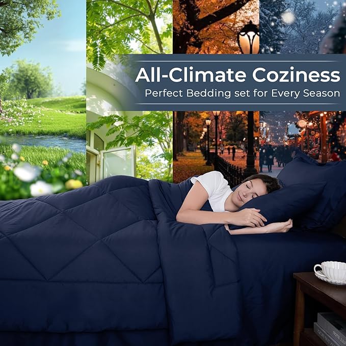 HEVUMYI Navy Blue Queen Comforter Set - 7-Piece All Season Bed in a Bag Queen, Ultra Soft Bedding Set with Comforter, Flat Sheet, Fitted Sheet, Pillowcases, Pillow Shams, Navy Blue
