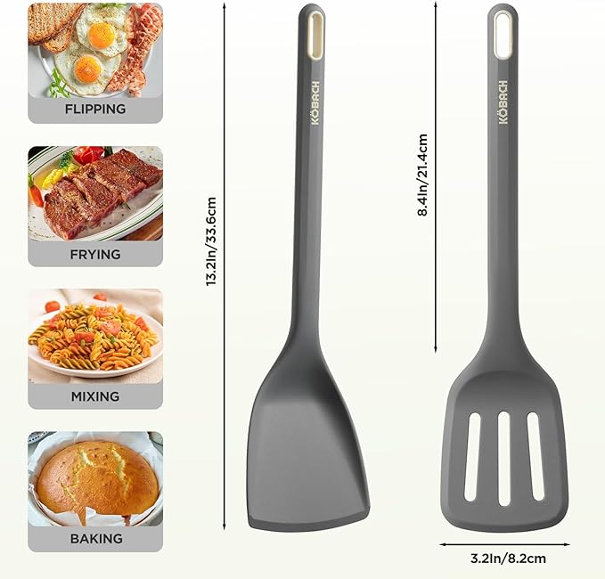 2 Pack Silicone Spatula, Heat Resistant 600째F Silicone Spatulas Set,Turner & Slotted Spatula for Non Stick Frying Pan, Food Grade Kitchen Utensils set for Flipping, Stir-Fry, Cooking & Baking