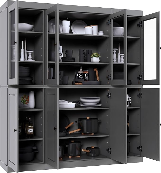 Palace Imports 100% Solid Wood Kitchen Pantry Hutch, Gray, 65" w x 71.5" h x 15.5" d, Renewable Eco-Friendly Wood, Made in Brazil