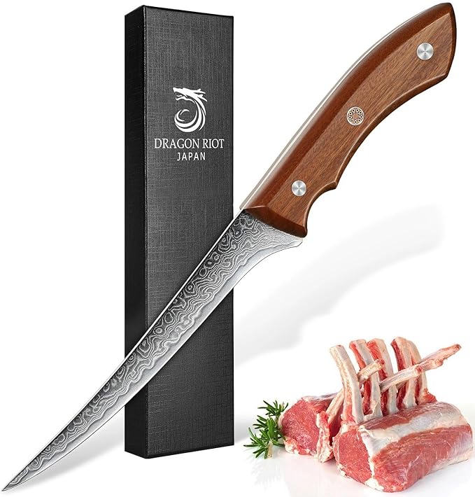DRAGON RIOT Damascus Boning Knife 6 inch, Professional VG-10 Steel Japanese Fillet Knife, Flexible Deboning Knife,Kitchen Trimming Knife with Ergonomic Wood Handle, Premium Gift Box