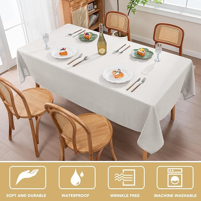 H.VERSAILTEX Linen Table Cloths Rectangle 60 x 104 Inch Premium Tablecloth Spill-Proof Waterproof Table Cover for Dining Buffet Feature Extra Soft and Thick Fabric Wrinkle Free, White