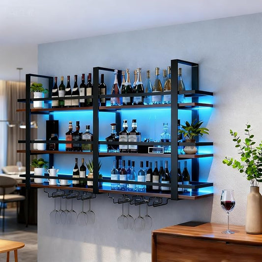Wall Mounted Wine Rack with LED Light, Metal Liquor Bottles Display Shelf, Floating Shelves Display Storage Organizer, Wall Bar Shelves with Wine Glass Holder for Home Bar Kitchen (black, 55.1in)