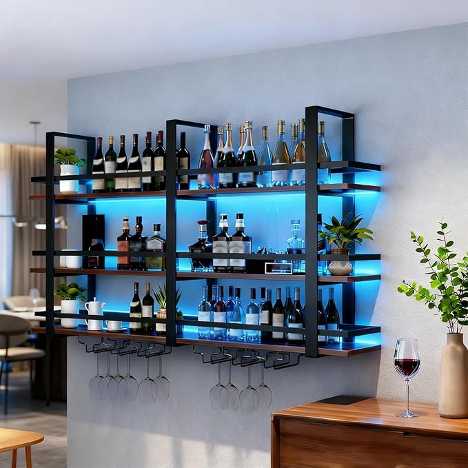 Wall Mounted Wine Rack with LED Light, Metal Liquor Bottles Display Shelf, Floating Shelves Display Storage Organizer, Wall Bar Shelves with Wine Glass Holder for Home Bar Kitchen (black, 39.4in)