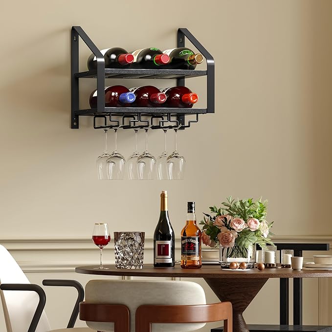 Wall Mounted Wine Rack for 6 Wine Bottles and 6 Glass Holder, 2-Tier Wall Wine Rack, Wood Wine Racks for Wall, Wood-Metal Wine Bottle Holder for Home Bar, Wine Kitchen Storage (Black)