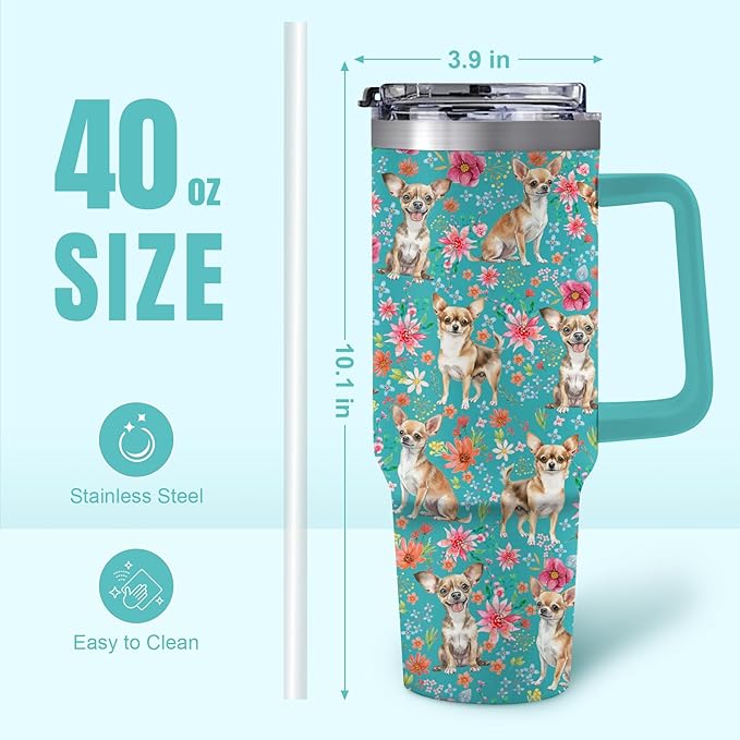 Yogusut Chihuahua Gifts for Women, 40oz Stainless Steel Insulated Tumbler Travel Mug Cup with Handle Straw, Gifts for Dog Mom Dog Lover