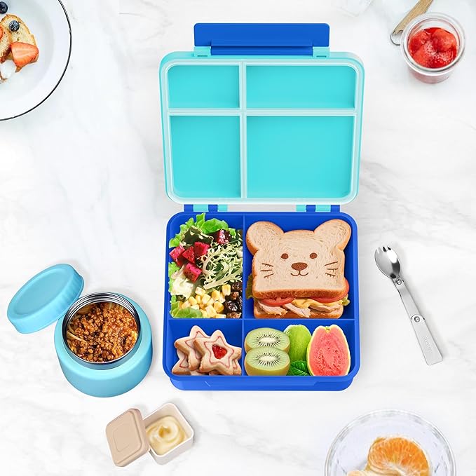 Aimsnk Kids Bento Lunch Box with 8oz Soup Thermo, Kids Leakproof Lunch Food Containers with 4 Compartment,Insulated Hot Food Jar with Lunch Bag for School, Travel (Blue-No lunch bag)